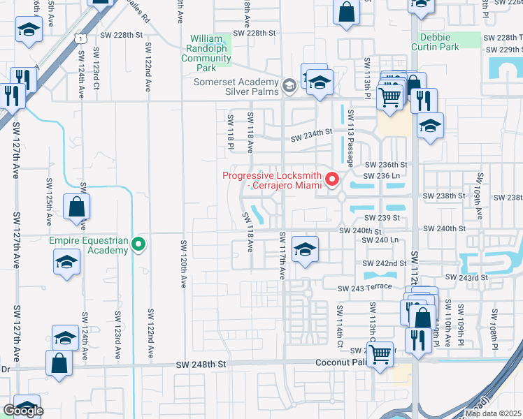 map of restaurants, bars, coffee shops, grocery stores, and more near 23959 Southwest 118 Avenue in Homestead