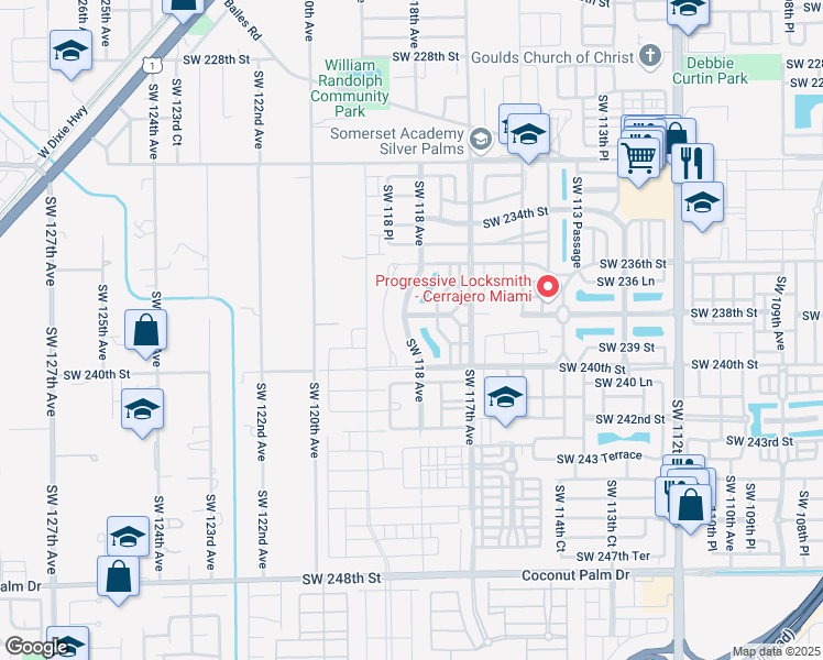 map of restaurants, bars, coffee shops, grocery stores, and more near 23861 Southwest 118 Avenue in Princeton