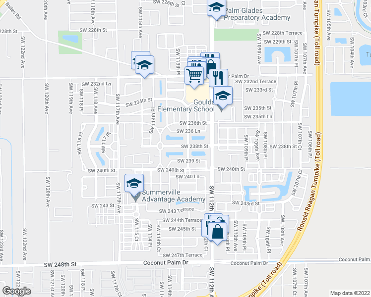 map of restaurants, bars, coffee shops, grocery stores, and more near 11307 Southwest 238th Street in Homestead