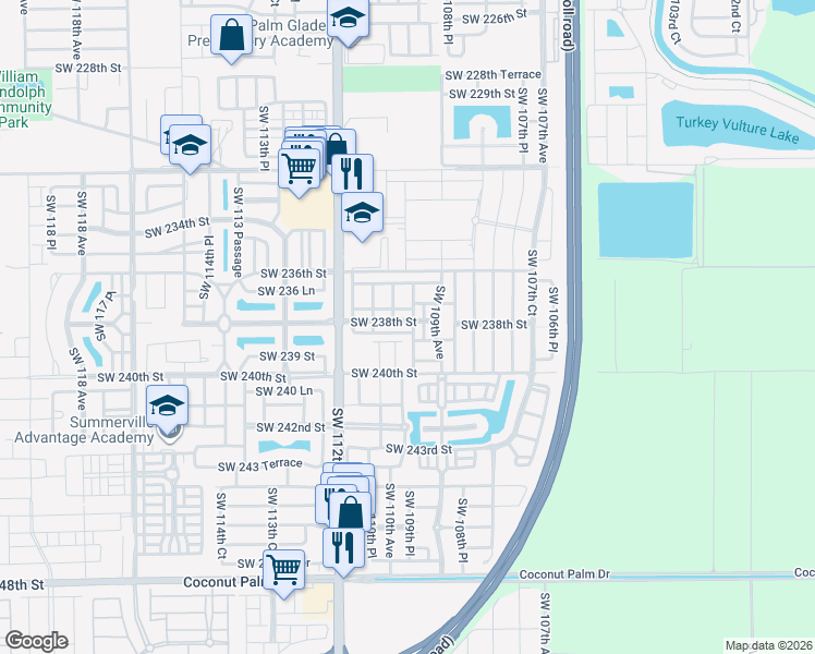 map of restaurants, bars, coffee shops, grocery stores, and more near 11004 Southwest 237th Lane in Homestead