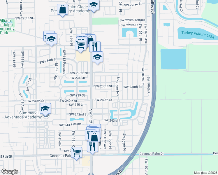 map of restaurants, bars, coffee shops, grocery stores, and more near 11004 Southwest 237th Lane in Homestead