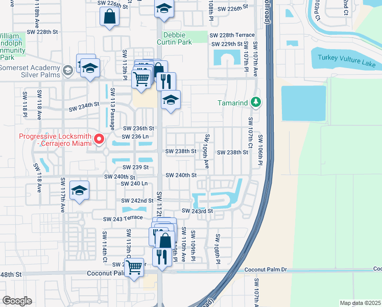 map of restaurants, bars, coffee shops, grocery stores, and more near 11004 Southwest 237th Lane in Homestead