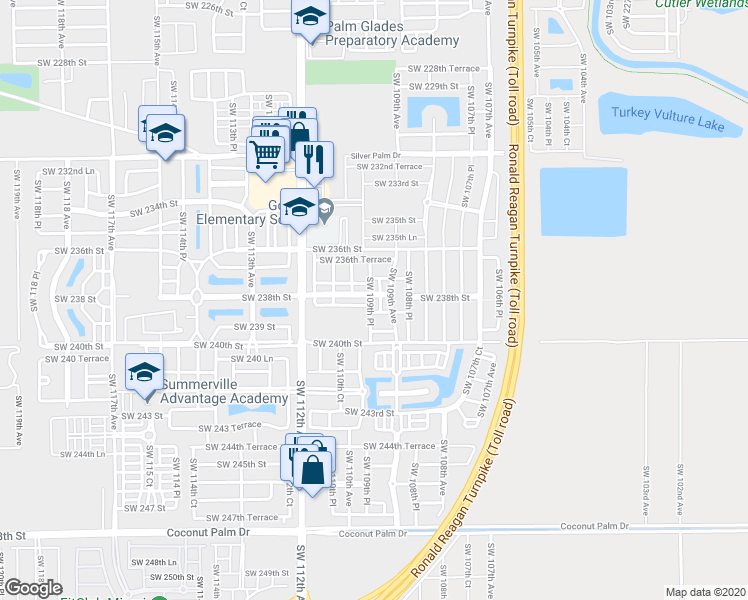 map of restaurants, bars, coffee shops, grocery stores, and more near 23772 Southwest 109th Avenue in Homestead