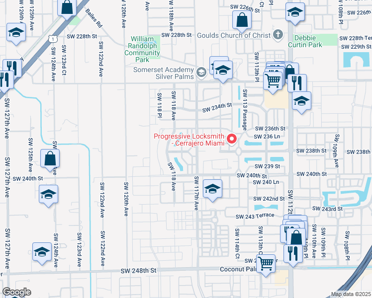 map of restaurants, bars, coffee shops, grocery stores, and more near 23766 Southwest 117 Place in Homestead