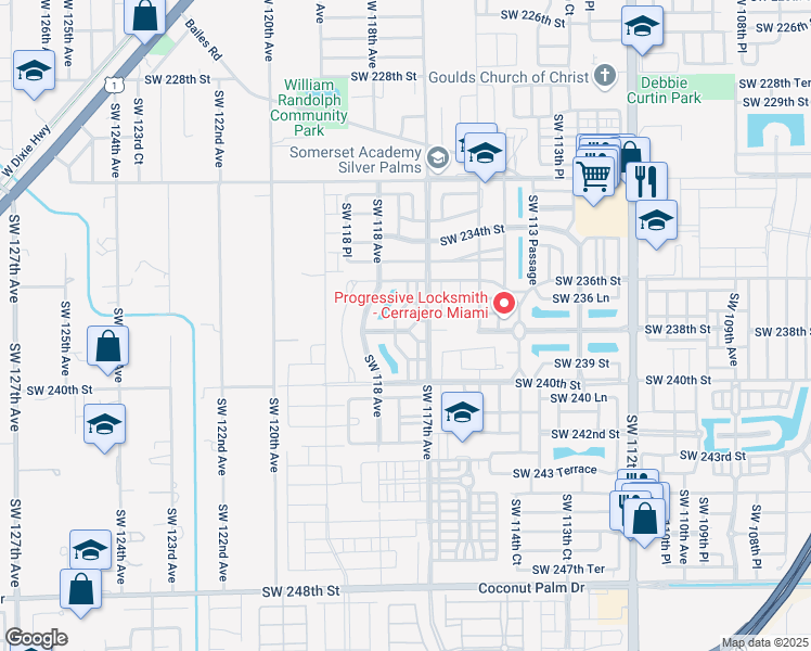 map of restaurants, bars, coffee shops, grocery stores, and more near 23766 Southwest 117 Place in Homestead