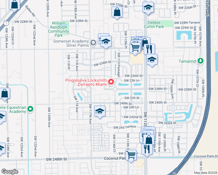 map of restaurants, bars, coffee shops, grocery stores, and more near 11459 Southwest 238th Street in Homestead