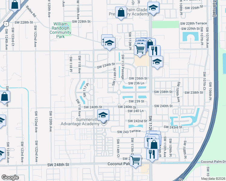 map of restaurants, bars, coffee shops, grocery stores, and more near 11459 Southwest 238th Street in Homestead