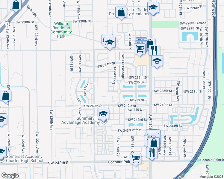 map of restaurants, bars, coffee shops, grocery stores, and more near 11463 Southwest 238th Street in Homestead
