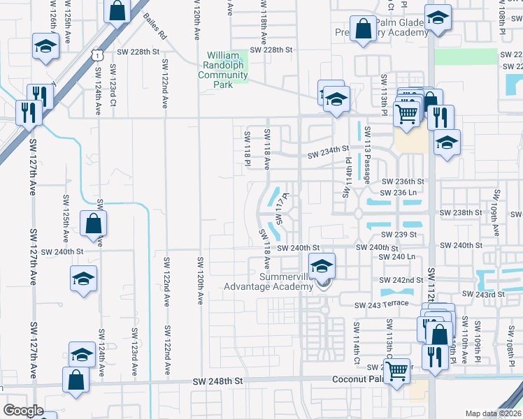 map of restaurants, bars, coffee shops, grocery stores, and more near 23765 Southwest 118 Avenue in Homestead