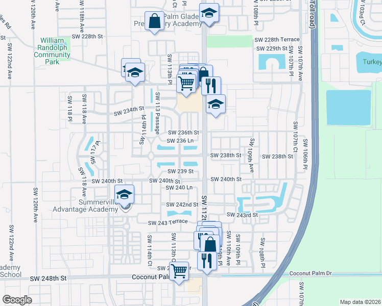 map of restaurants, bars, coffee shops, grocery stores, and more near 11225 Southwest 238th Street in Homestead