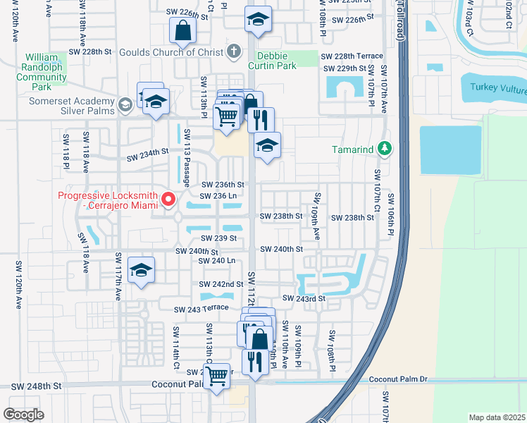 map of restaurants, bars, coffee shops, grocery stores, and more near 11134 Southwest 237th Lane in Homestead