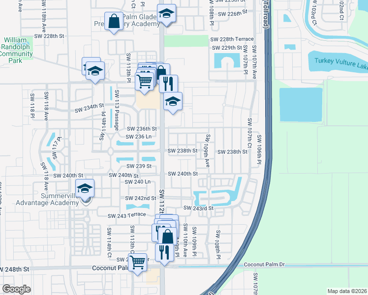 map of restaurants, bars, coffee shops, grocery stores, and more near 11004 Southwest 237th Lane in Homestead