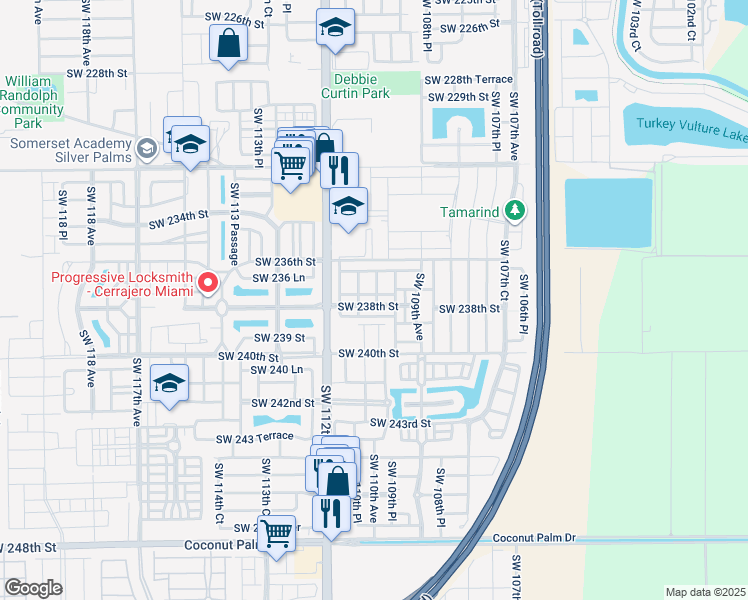 map of restaurants, bars, coffee shops, grocery stores, and more near 11004 Southwest 237th Lane in Homestead