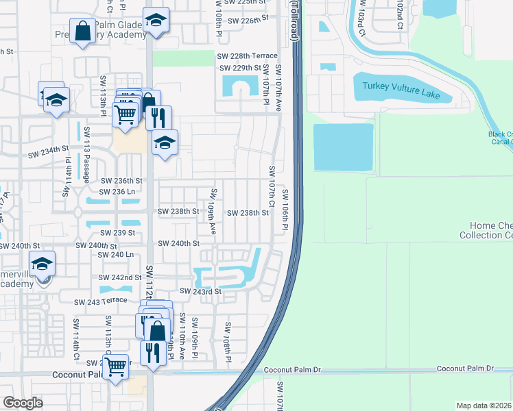 map of restaurants, bars, coffee shops, grocery stores, and more near 23746 Southwest 107th Place in Homestead