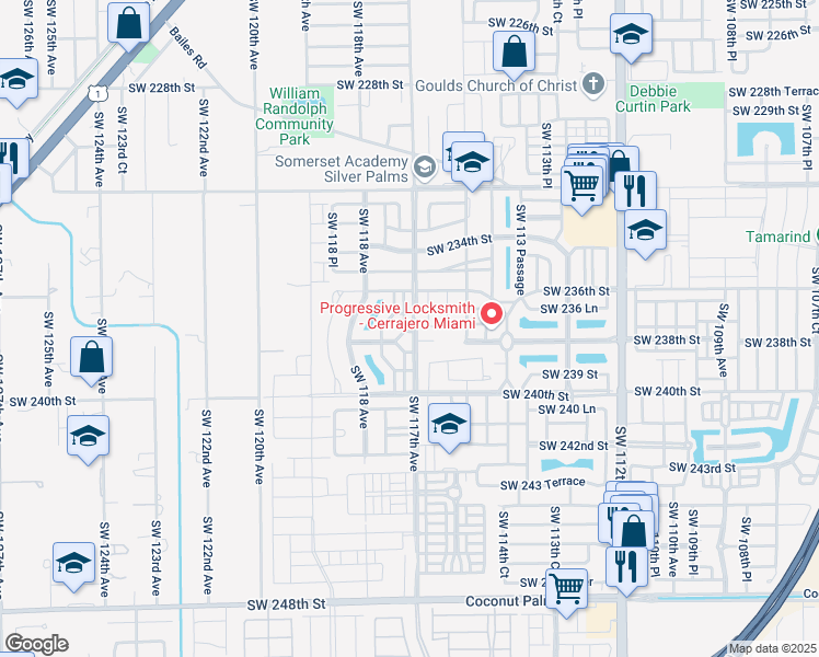 map of restaurants, bars, coffee shops, grocery stores, and more near 23766 Southwest 117 Place in Homestead