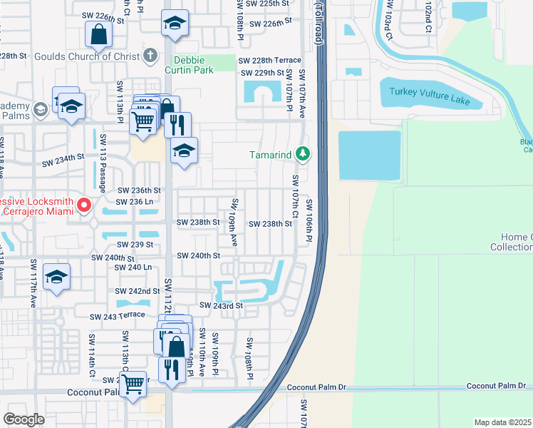 map of restaurants, bars, coffee shops, grocery stores, and more near 23732 Southwest 108th Avenue in Homestead
