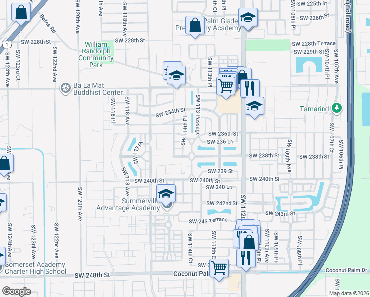 map of restaurants, bars, coffee shops, grocery stores, and more near 23727 Southwest 114th Place in Homestead