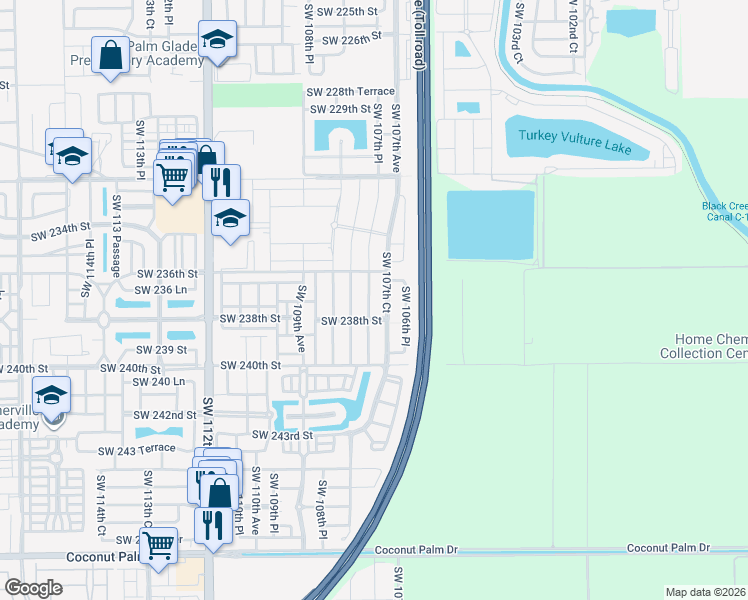 map of restaurants, bars, coffee shops, grocery stores, and more near 23746 Southwest 107th Place in Homestead