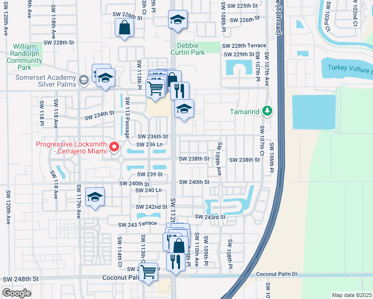 map of restaurants, bars, coffee shops, grocery stores, and more near 11134 Southwest 237th Lane in Homestead