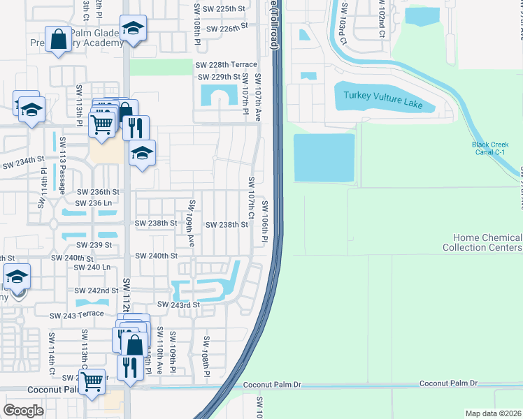 map of restaurants, bars, coffee shops, grocery stores, and more near 23712 Southwest 106th Place in Homestead