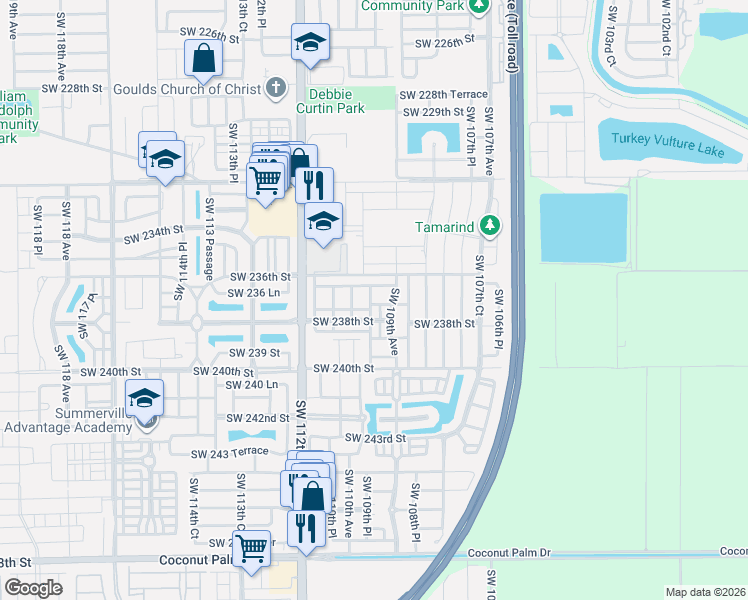 map of restaurants, bars, coffee shops, grocery stores, and more near 23772 Southwest 109th Avenue in Homestead