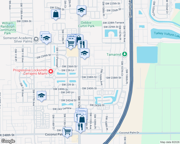 map of restaurants, bars, coffee shops, grocery stores, and more near 11004 Southwest 237th Lane in Homestead