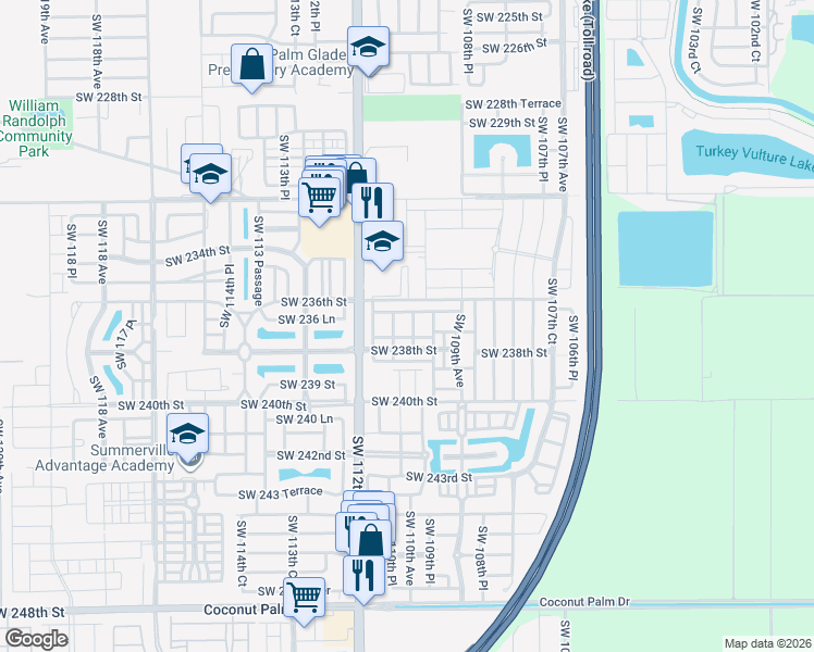 map of restaurants, bars, coffee shops, grocery stores, and more near 11004 Southwest 237th Lane in Homestead