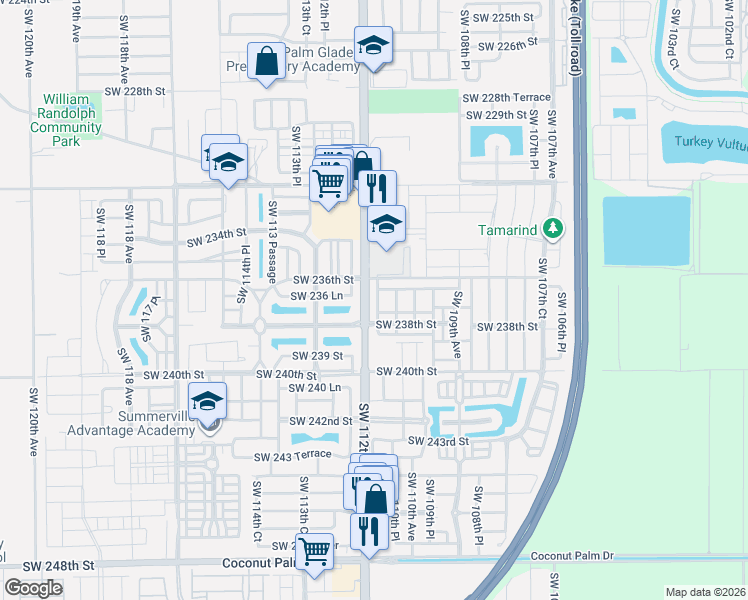 map of restaurants, bars, coffee shops, grocery stores, and more near 11134 Southwest 237th Lane in Homestead