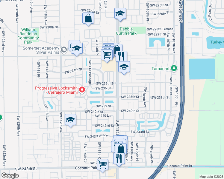 map of restaurants, bars, coffee shops, grocery stores, and more near 11225 Southwest 238th Street in Homestead