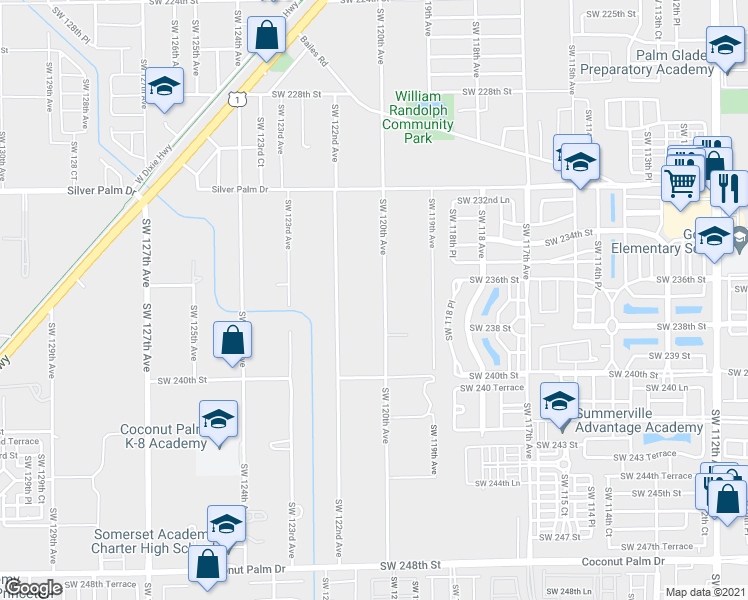 map of restaurants, bars, coffee shops, grocery stores, and more near 23700 Southwest 120th Avenue in Homestead