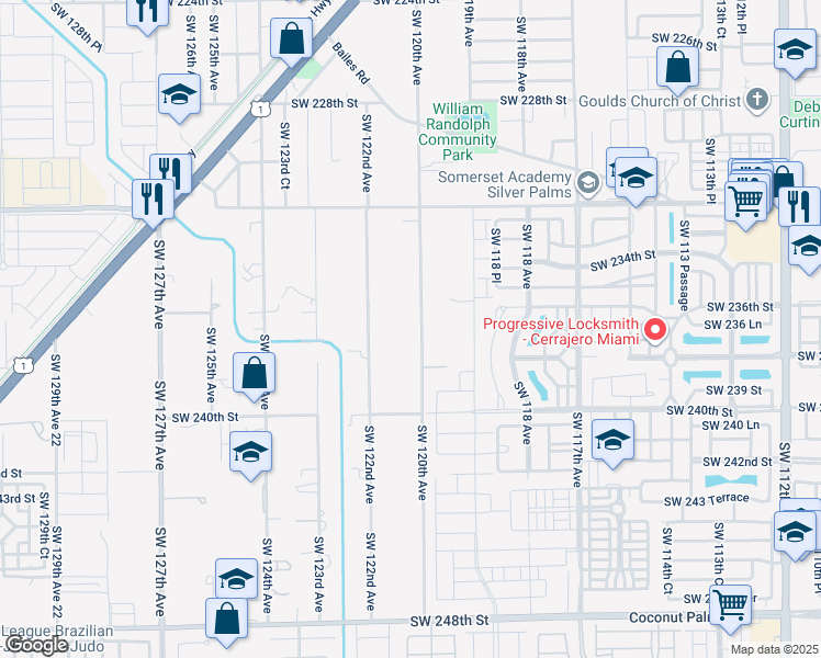 map of restaurants, bars, coffee shops, grocery stores, and more near 23700 Southwest 120th Avenue in Homestead