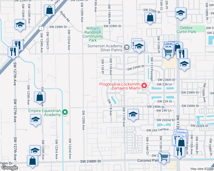 map of restaurants, bars, coffee shops, grocery stores, and more near 23680 Southwest 118 Avenue in Homestead