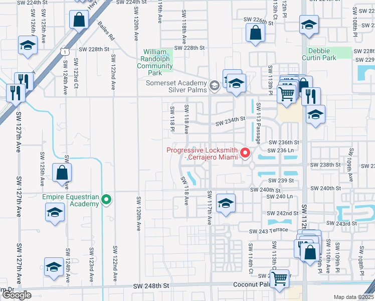 map of restaurants, bars, coffee shops, grocery stores, and more near 23643 Southwest 118 Avenue in Homestead