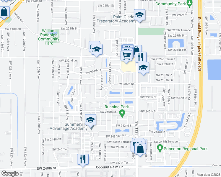 map of restaurants, bars, coffee shops, grocery stores, and more near 23646 Southwest 113 Passage in Princeton