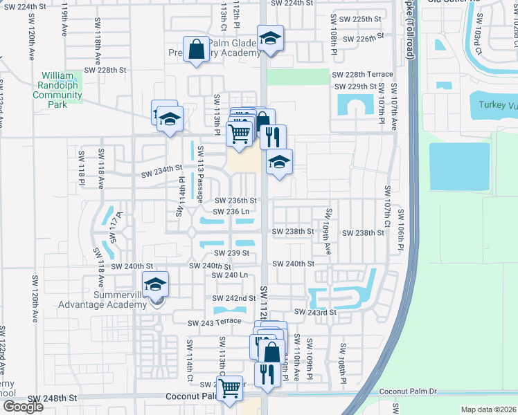 map of restaurants, bars, coffee shops, grocery stores, and more near 11234 Southwest 236th Street in Homestead