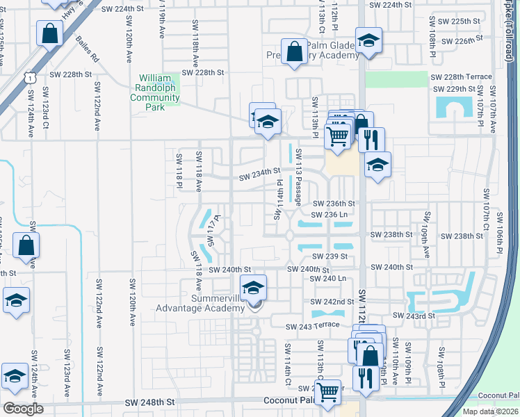 map of restaurants, bars, coffee shops, grocery stores, and more near 23602 Southwest 115th Court in Princeton