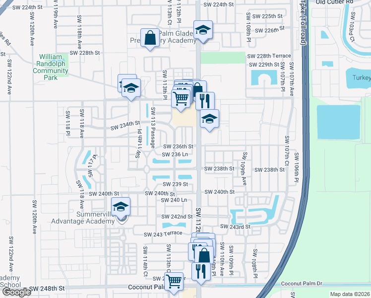 map of restaurants, bars, coffee shops, grocery stores, and more near 11234 Southwest 236th Street in Homestead