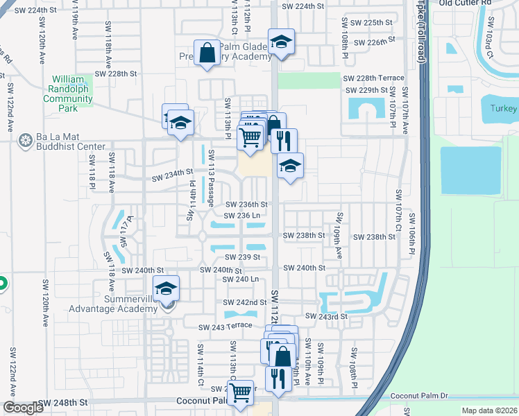 map of restaurants, bars, coffee shops, grocery stores, and more near 11234 SW 236th St in Homestead