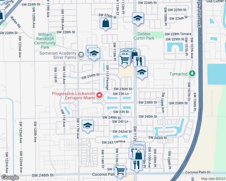 map of restaurants, bars, coffee shops, grocery stores, and more near 23587 Southwest 113 Passage in Princeton