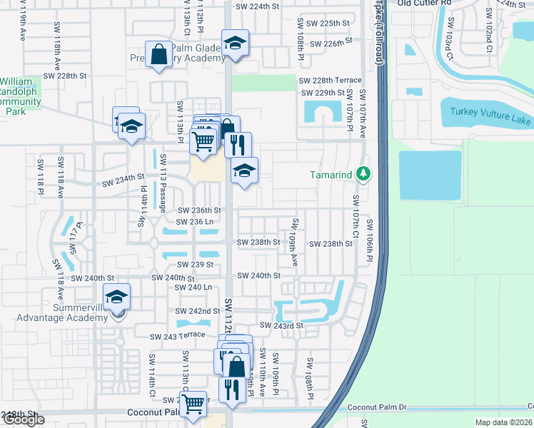 map of restaurants, bars, coffee shops, grocery stores, and more near 11001 Southwest 236th Terrace in Homestead
