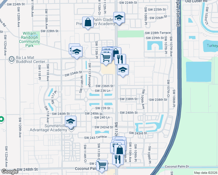 map of restaurants, bars, coffee shops, grocery stores, and more near 11234 Southwest 236th Street in Homestead