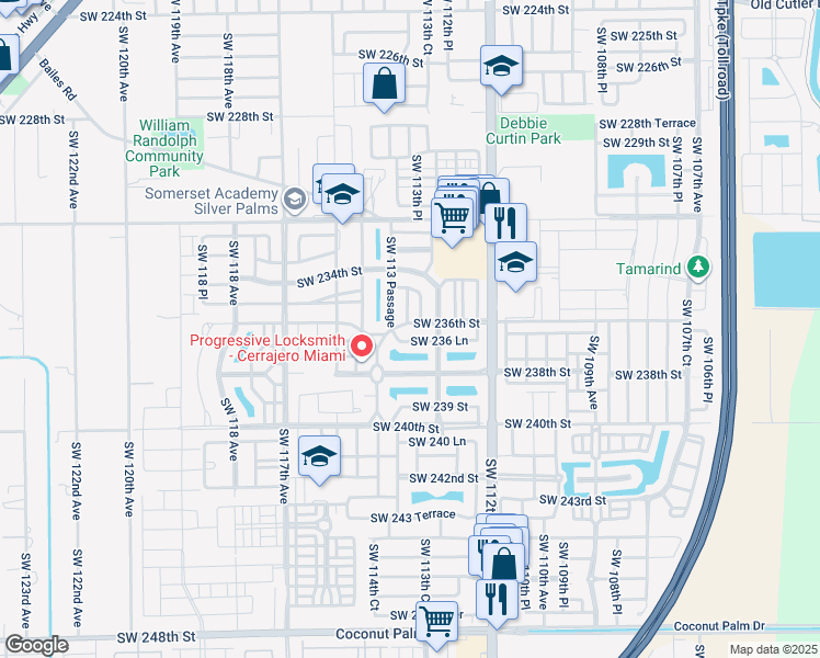 map of restaurants, bars, coffee shops, grocery stores, and more near 23587 Southwest 113 Passage in Princeton