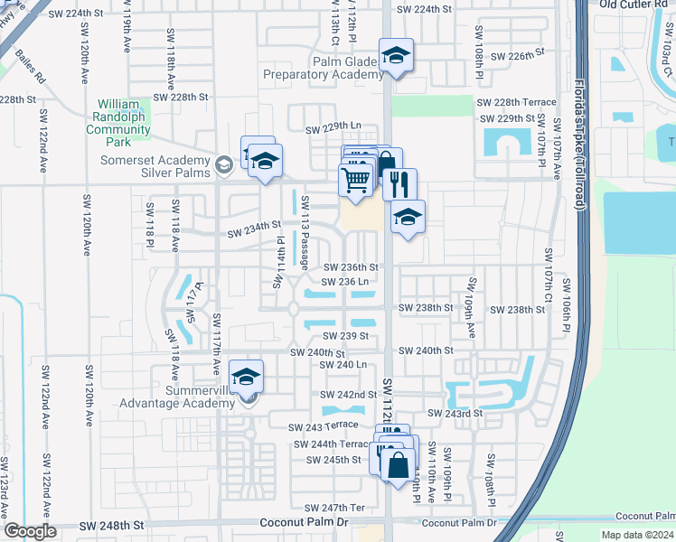 map of restaurants, bars, coffee shops, grocery stores, and more near 23604 Southwest 113th Avenue in Homestead
