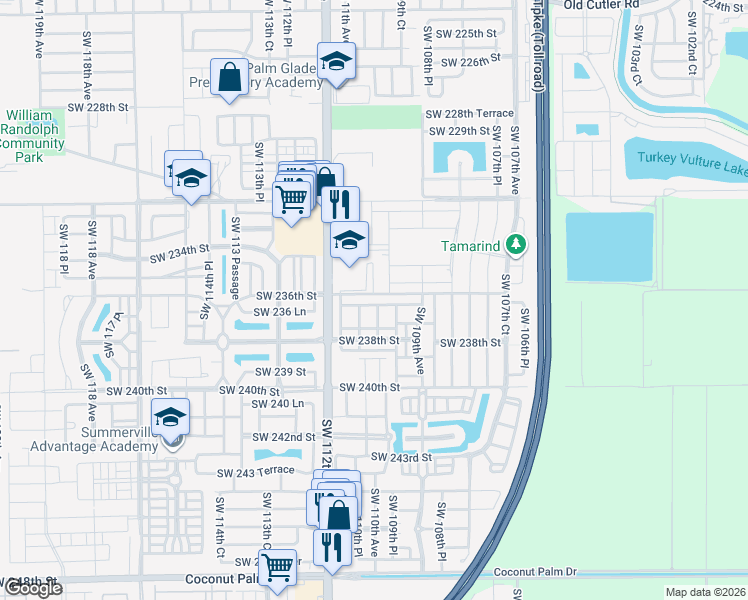 map of restaurants, bars, coffee shops, grocery stores, and more near 11001 Southwest 236th Terrace in Homestead