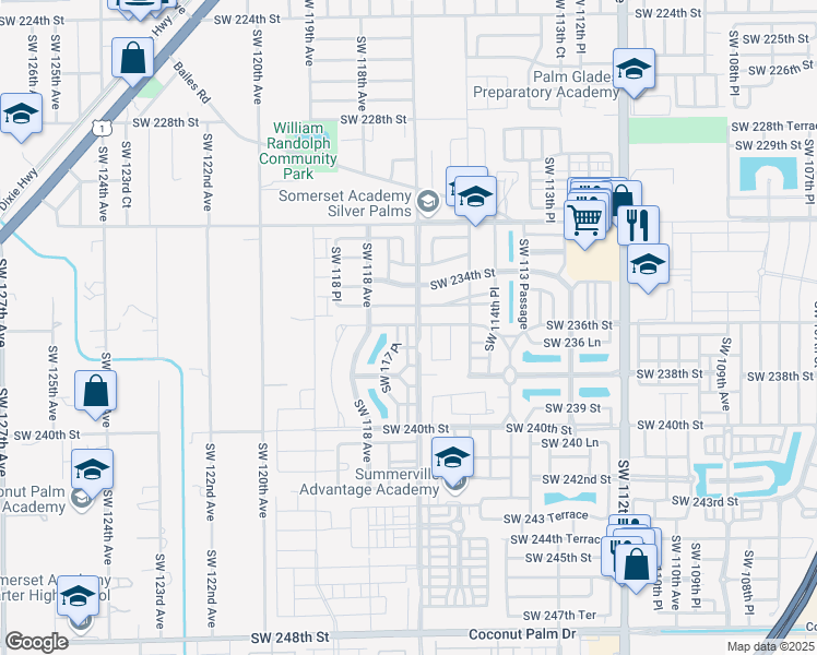 map of restaurants, bars, coffee shops, grocery stores, and more near 23605 Southwest 117th Court in Princeton