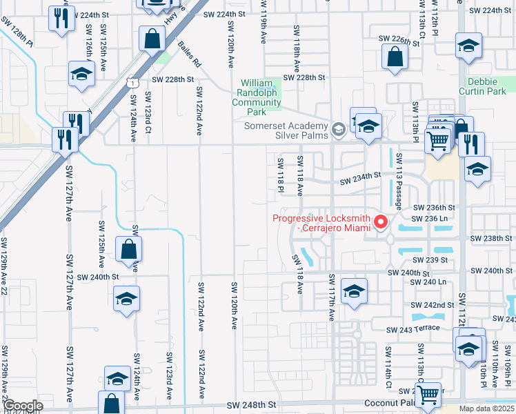 map of restaurants, bars, coffee shops, grocery stores, and more near 23580 Southwest 119th Avenue in Princeton