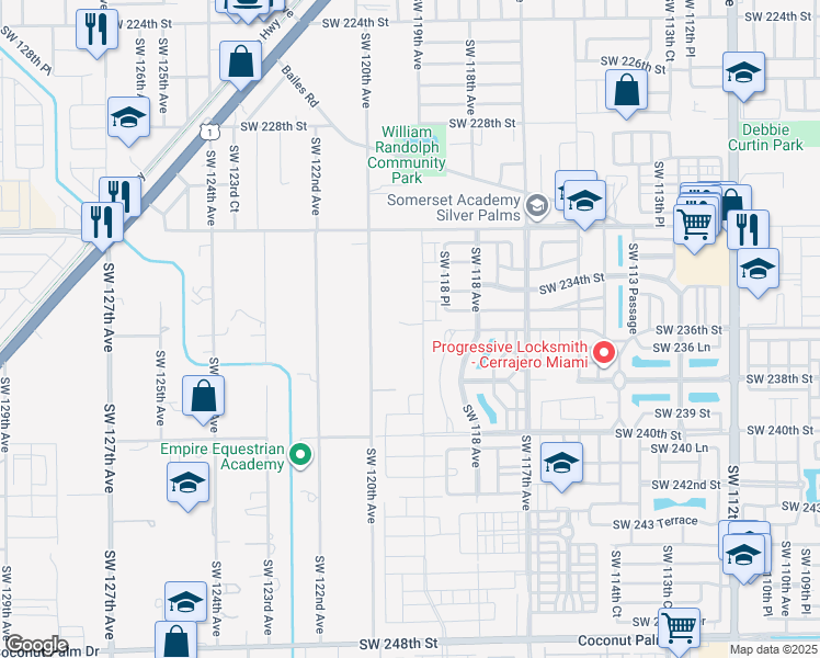 map of restaurants, bars, coffee shops, grocery stores, and more near 23580 Southwest 119th Avenue in Princeton