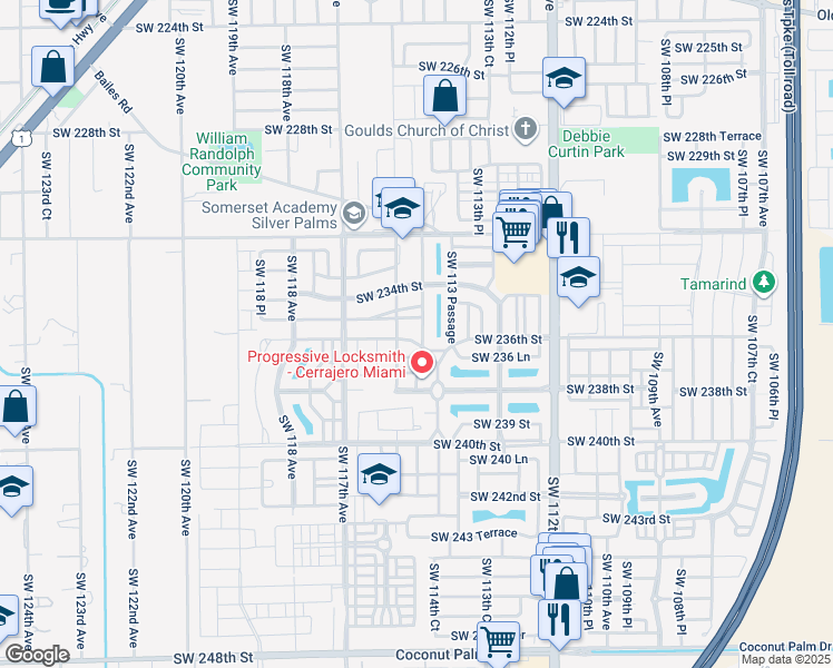 map of restaurants, bars, coffee shops, grocery stores, and more near 23572 Southwest 114th Place in Homestead