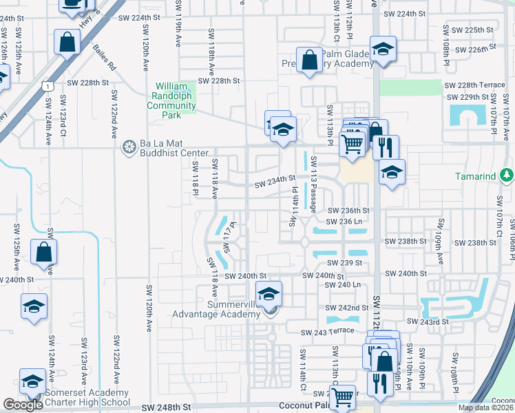 map of restaurants, bars, coffee shops, grocery stores, and more near 23602 Southwest 115th Court in Princeton