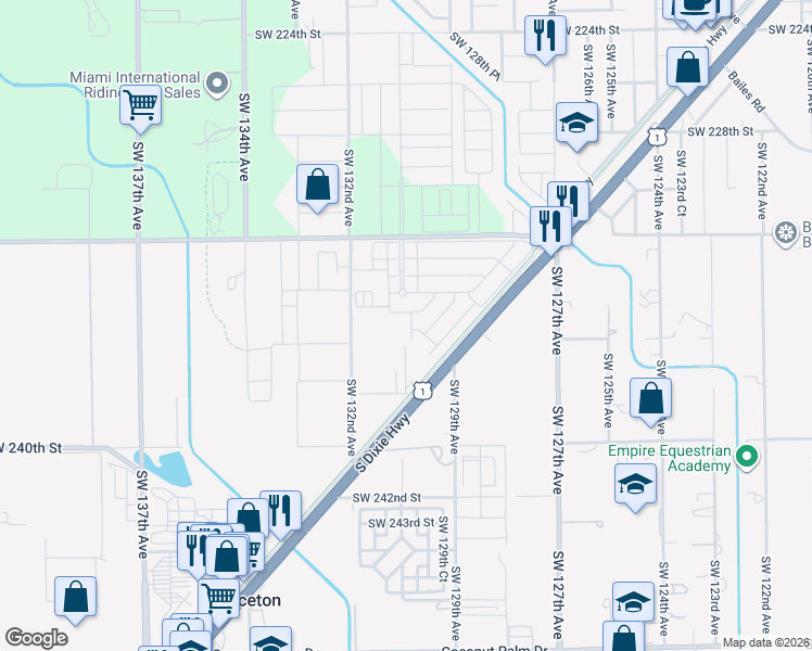 map of restaurants, bars, coffee shops, grocery stores, and more near 23505 Southwest 132nd Avenue in Homestead